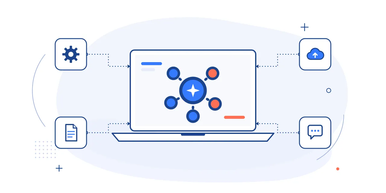 Illustration of AI implementation: a connected automation network on a laptop with settings, document, cloud and chat icons