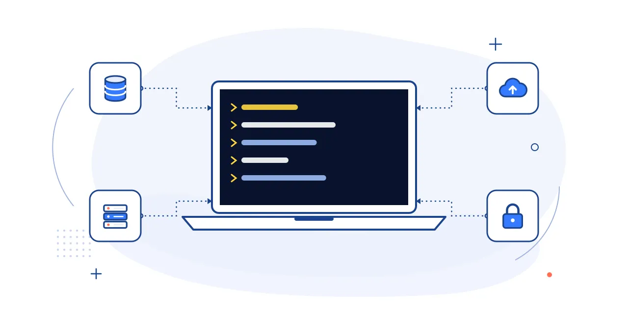 Illustration of back-end development: a terminal on a laptop with database, server, cloud and security icons
