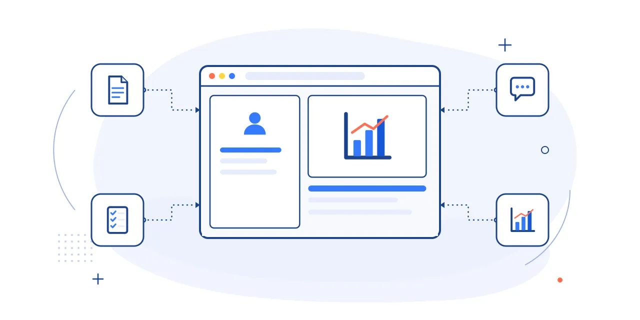 Illustration of a client case study: a results dashboard in a browser with document, checklist, chat and chart icons