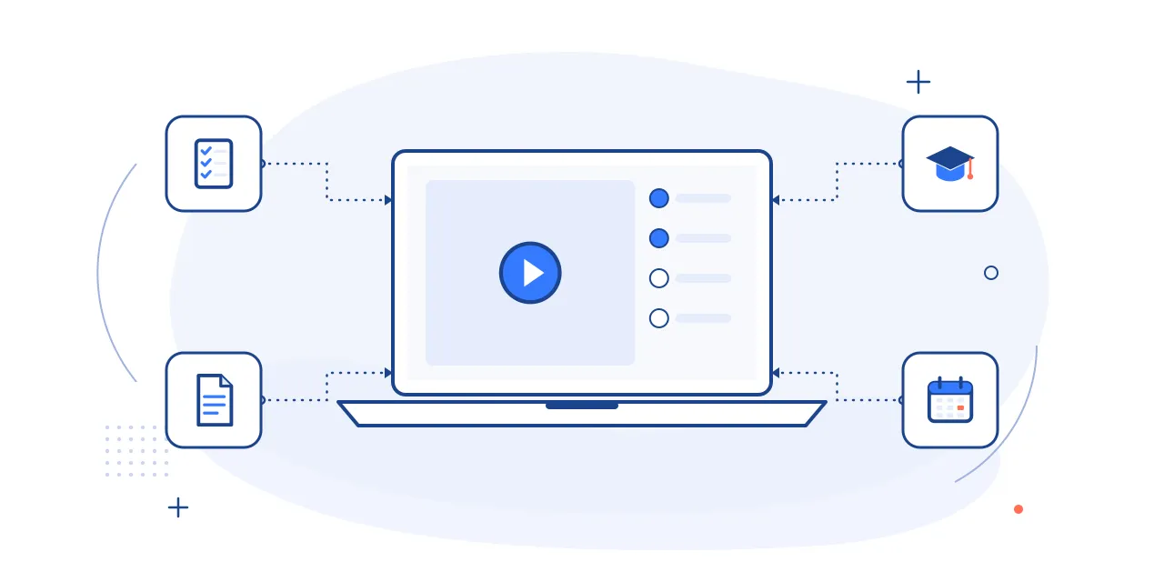 Illustration of onboarding and training: a video lesson with progress steps, plus checklist, document, graduation cap and calendar icons