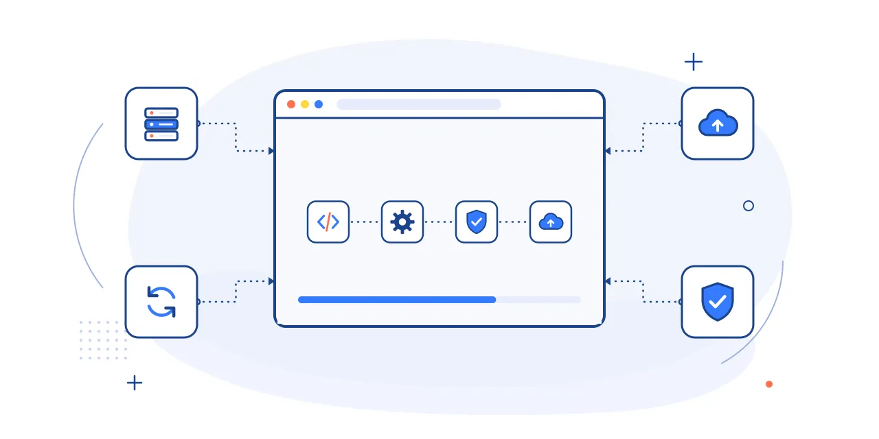 Illustration of DevOps work: a build and deploy pipeline in a browser with cloud, server, automation and security icons