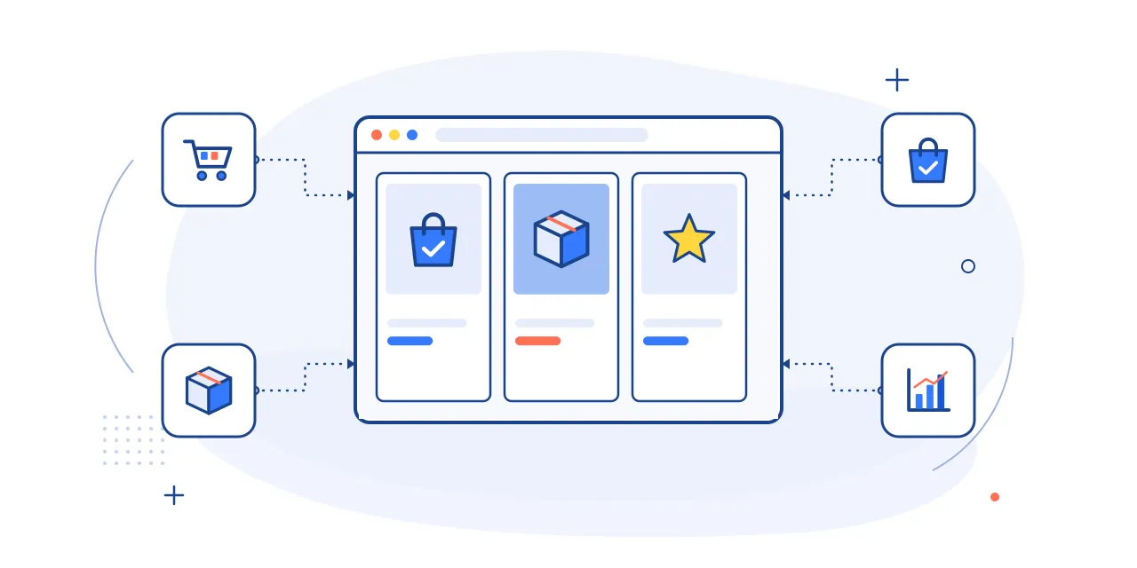 Illustration of ecommerce support: an online store product grid with cart, shipping box, shopping bag and sales chart icons