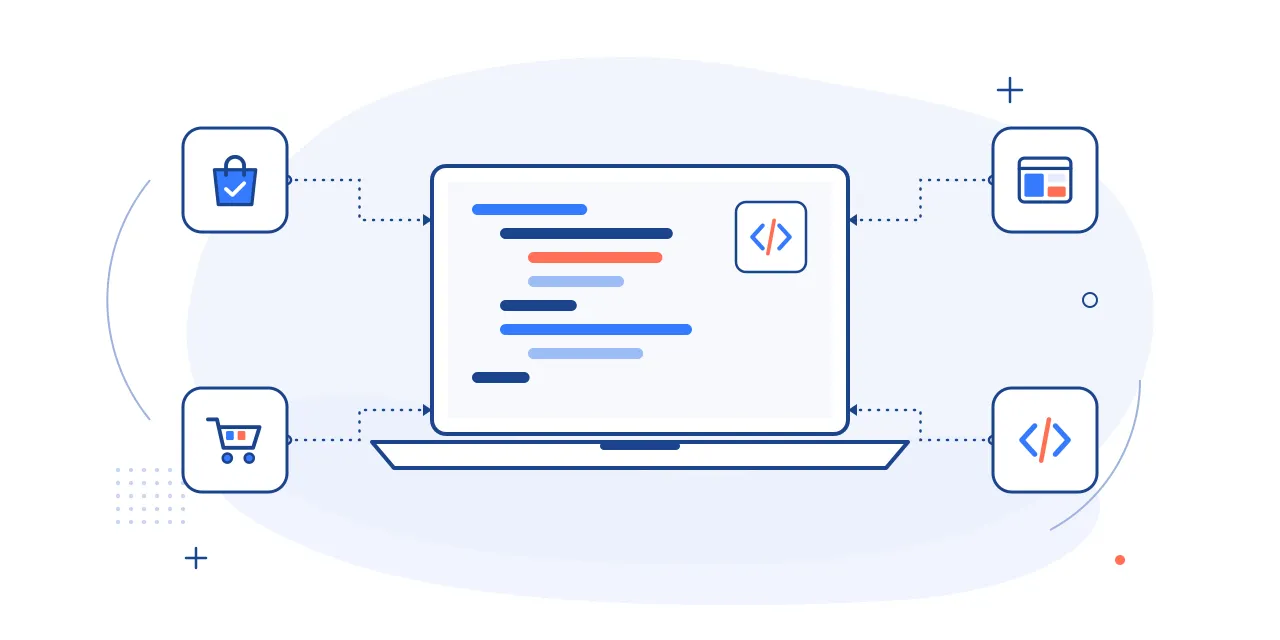 Illustration of ecommerce development: store code on a laptop with shopping bag, cart, page layout and code icons