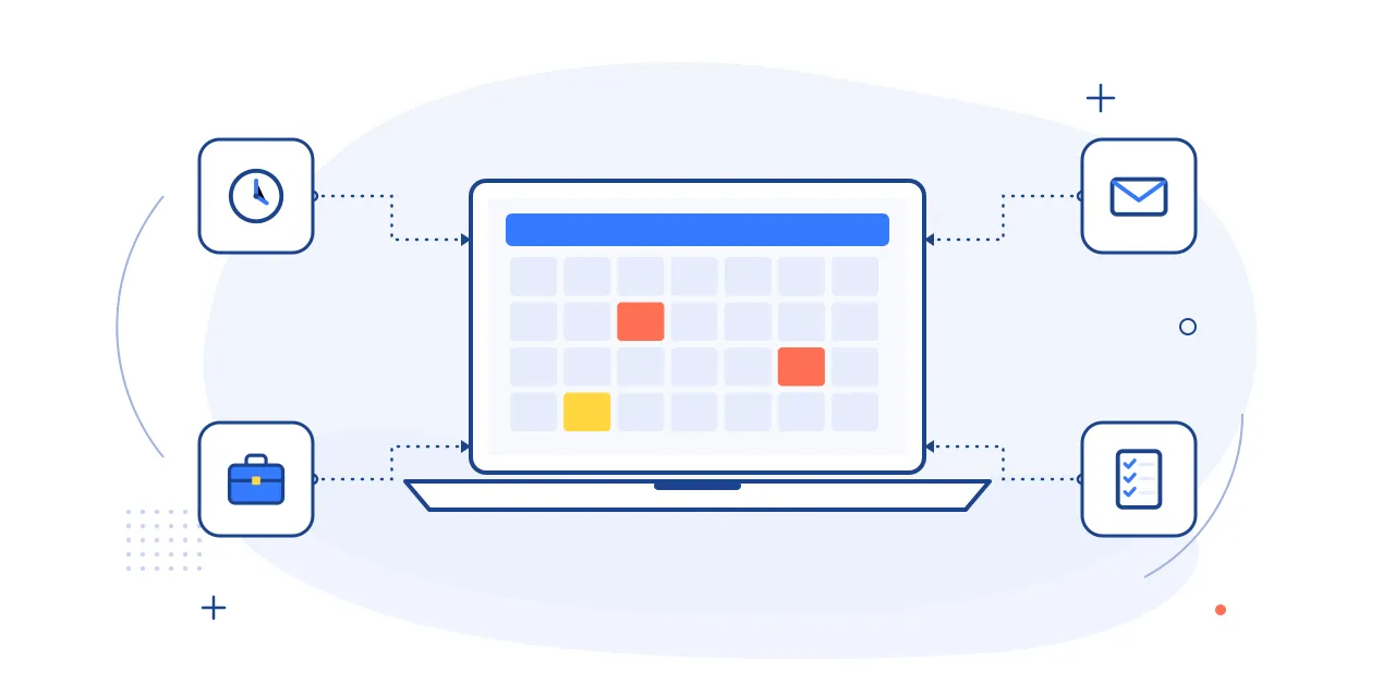 Illustration of executive assistant work: a laptop calendar linked to clock, briefcase, inbox and checklist icons
