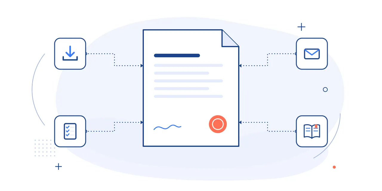 Illustration of a free downloadable guide: a document with download, checklist, inbox and book icons