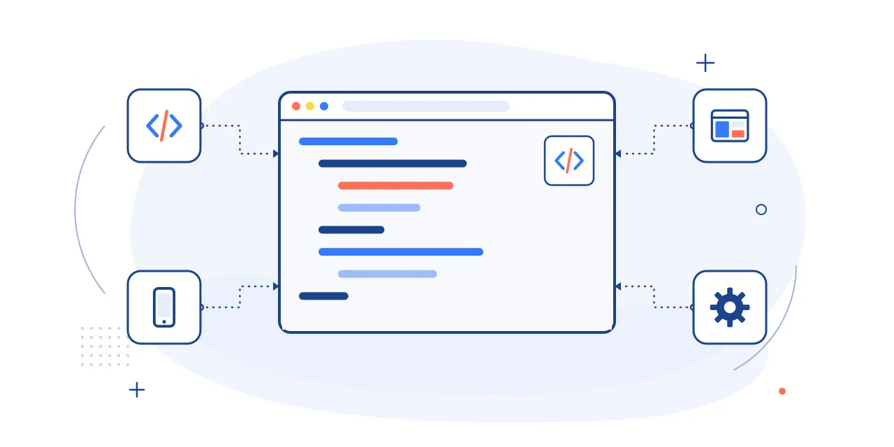 Illustration of front-end development: a page layout in a browser with code, layout, mobile and settings icons