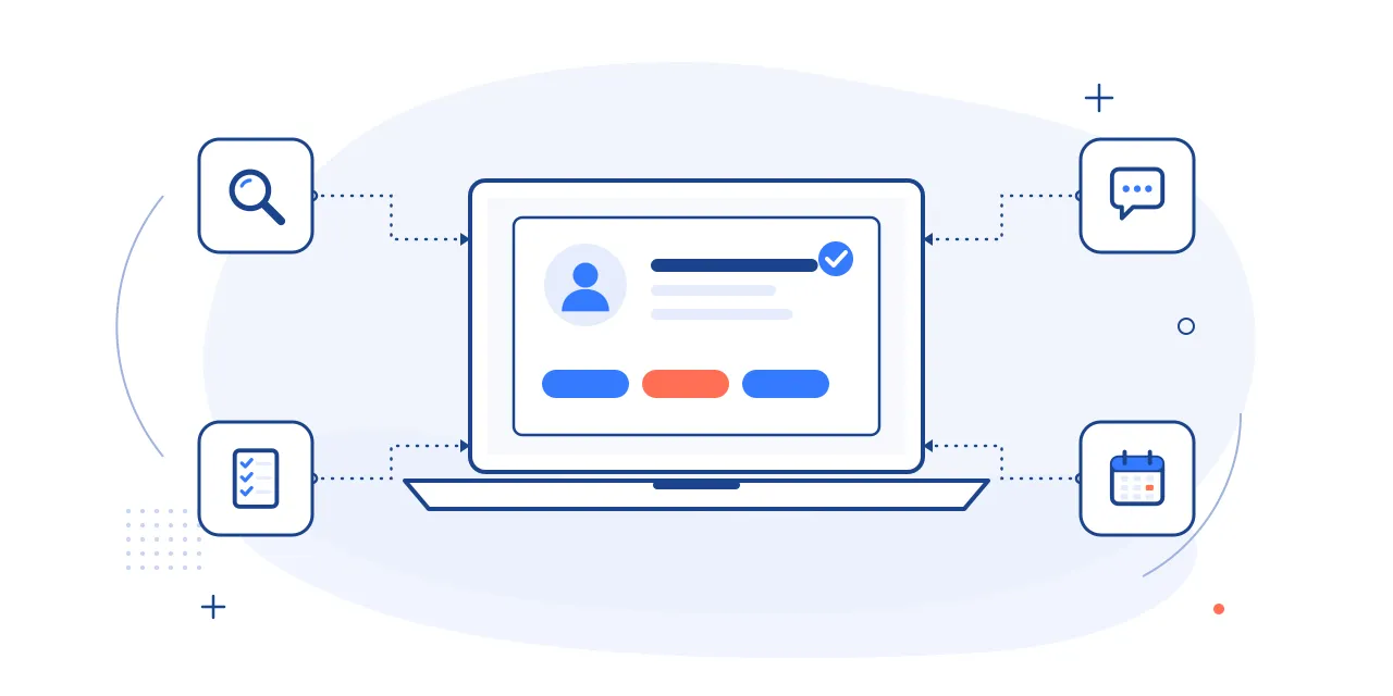 Illustration of hiring: a candidate profile card on a laptop with search, checklist, interview chat and calendar icons