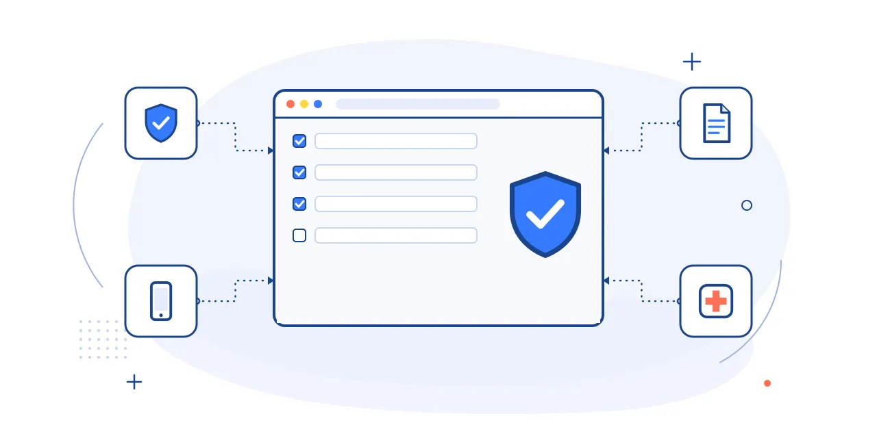 Illustration of insurance verification: a coverage checklist on screen with shield, phone, document and medical cross icons