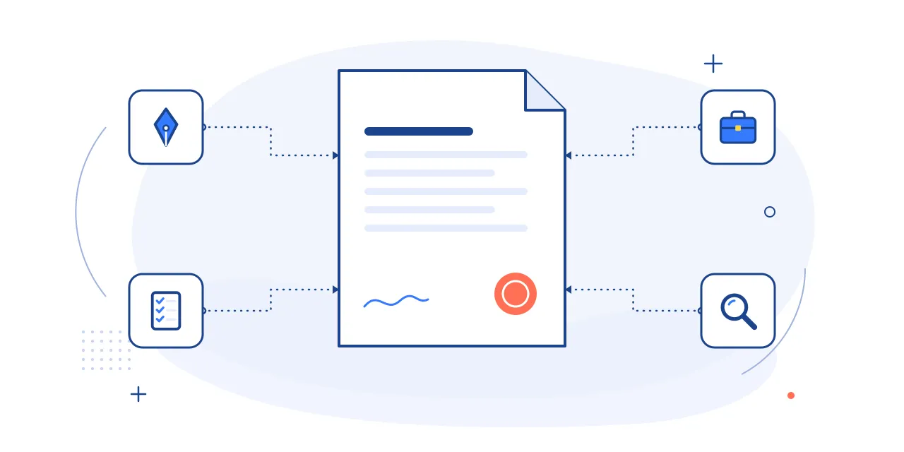 Illustration of a job description template: a document with role requirements, plus pen, checklist, briefcase and search icons