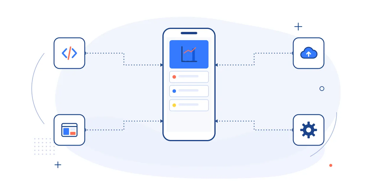 Illustration of mobile app development: an app screen on a phone with code, layout, cloud and settings icons