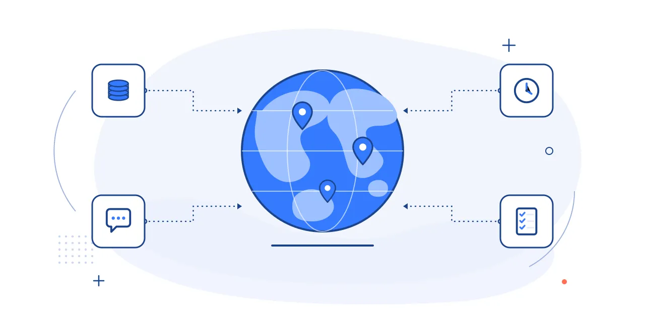 Illustration of comparing offshore hiring countries: a globe with location pins linked to cost, time zone, language and checklist icons