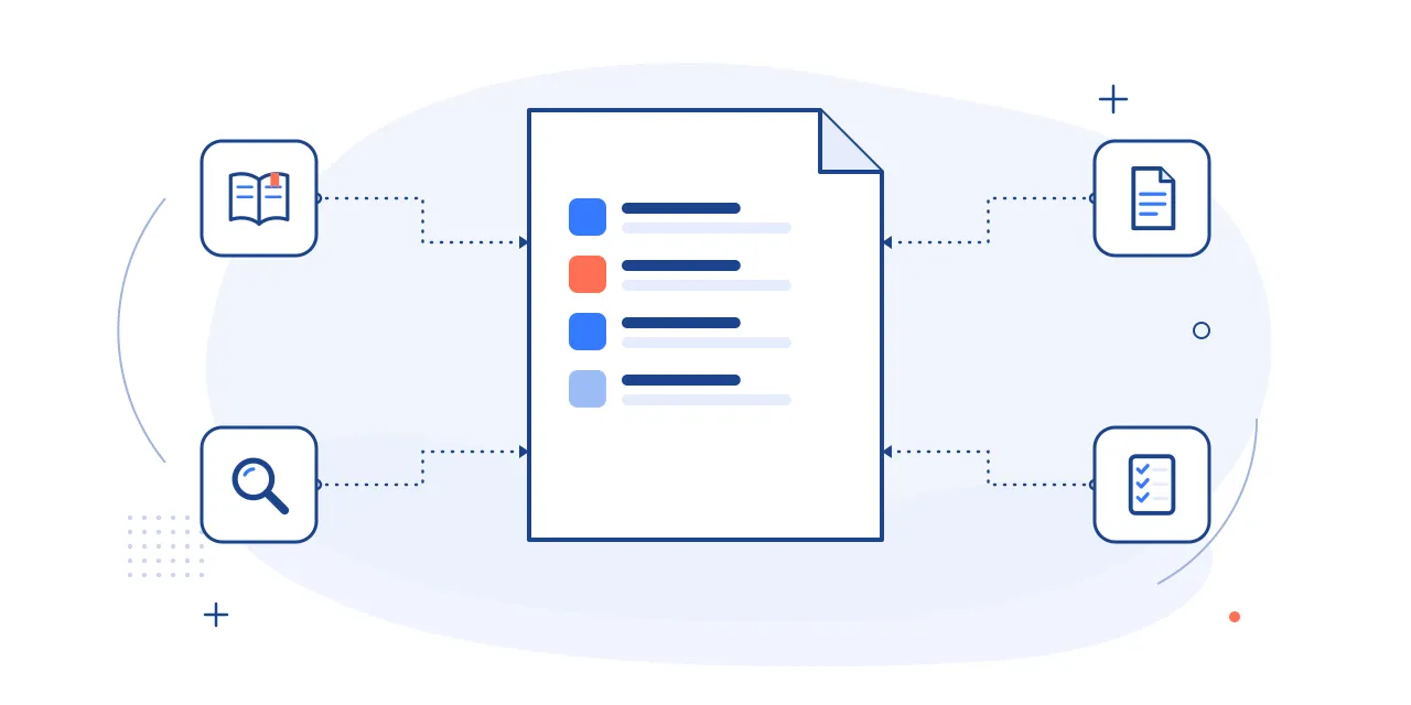 Illustration of a hiring glossary: a reference page of terms with book, search, document and checklist icons