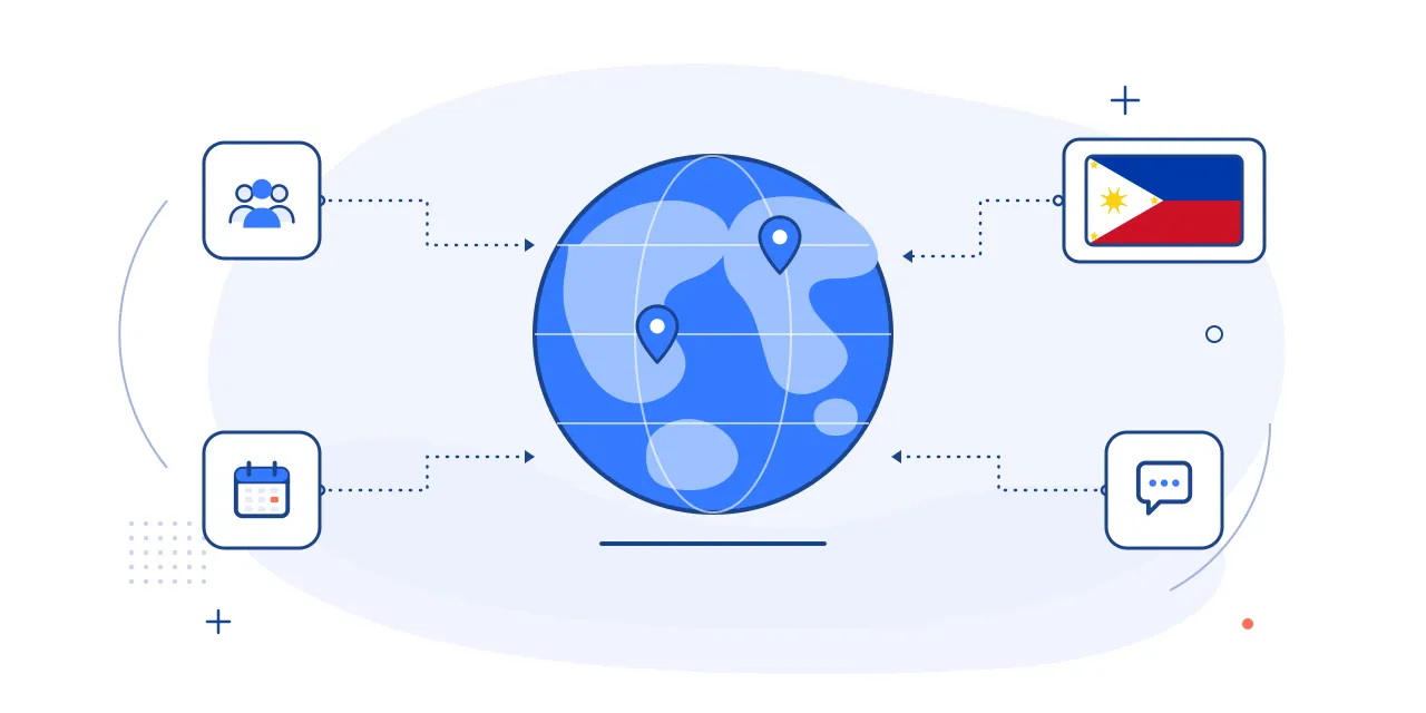 Illustration of hiring in the Philippines: a globe with location pins, the Philippine flag, and team, calendar and chat icons