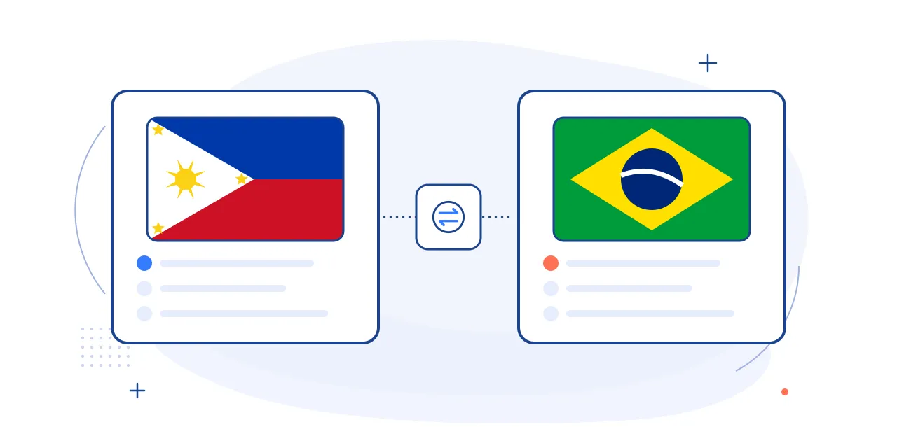 Illustration comparing hiring in the Philippines and Brazil: both national flags on side-by-side cards