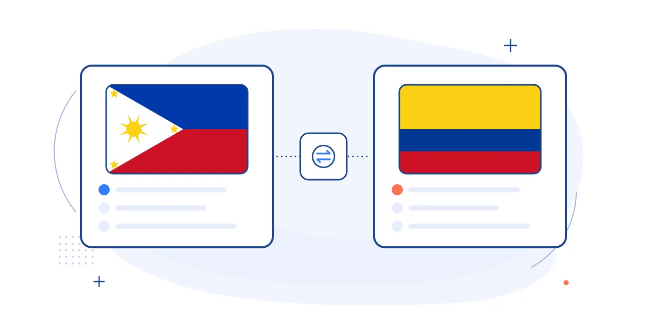 Illustration comparing hiring in the Philippines and Colombia: both national flags on side-by-side cards