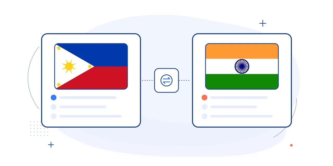 Illustration comparing hiring in the Philippines and India: both national flags on side-by-side cards