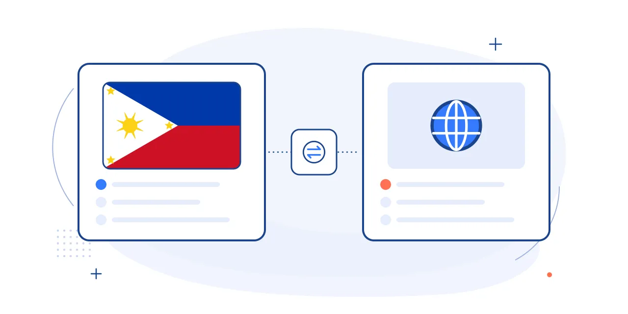 Illustration comparing hiring in the Philippines and Latin America: the Philippine flag next to a globe on side-by-side cards
