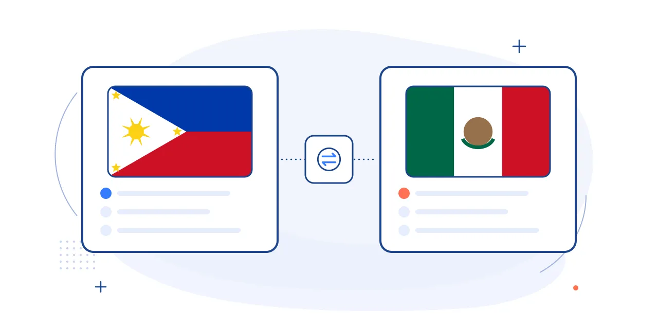 Illustration comparing hiring in the Philippines and Mexico: both national flags on side-by-side cards