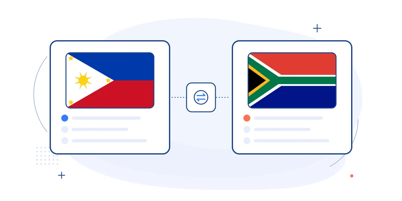Illustration comparing hiring in the Philippines and South Africa: both national flags on side-by-side cards
