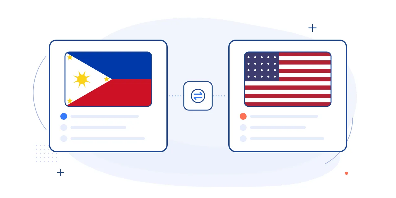 Illustration comparing hiring in the Philippines and United States: both national flags on side-by-side cards