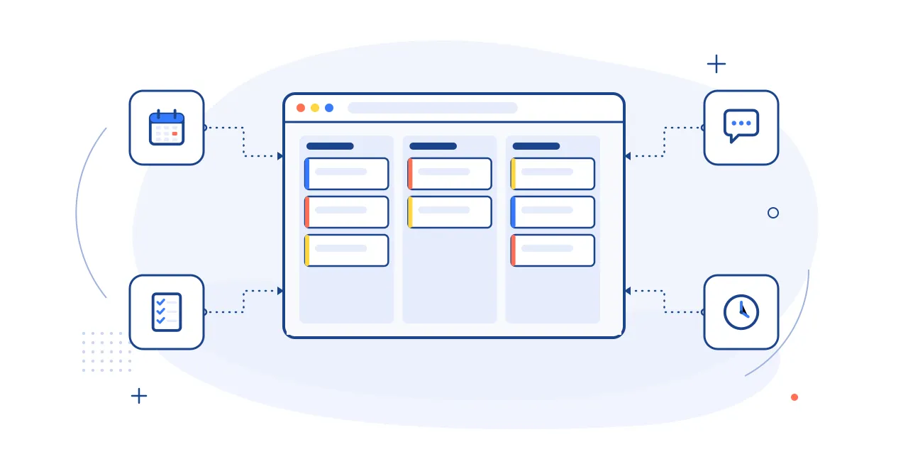 Illustration of project coordination: a kanban board on screen with calendar, checklist, chat and clock icons