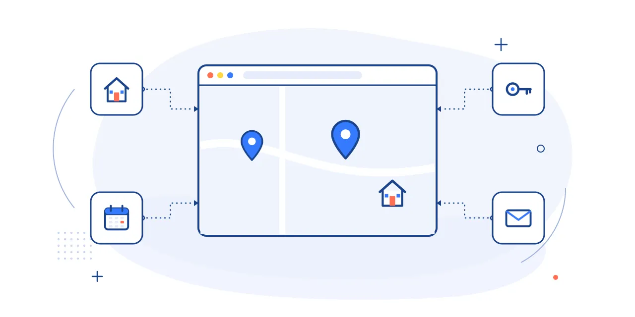Illustration of real estate support: a listings map with pins, plus house, key, calendar and inbox icons