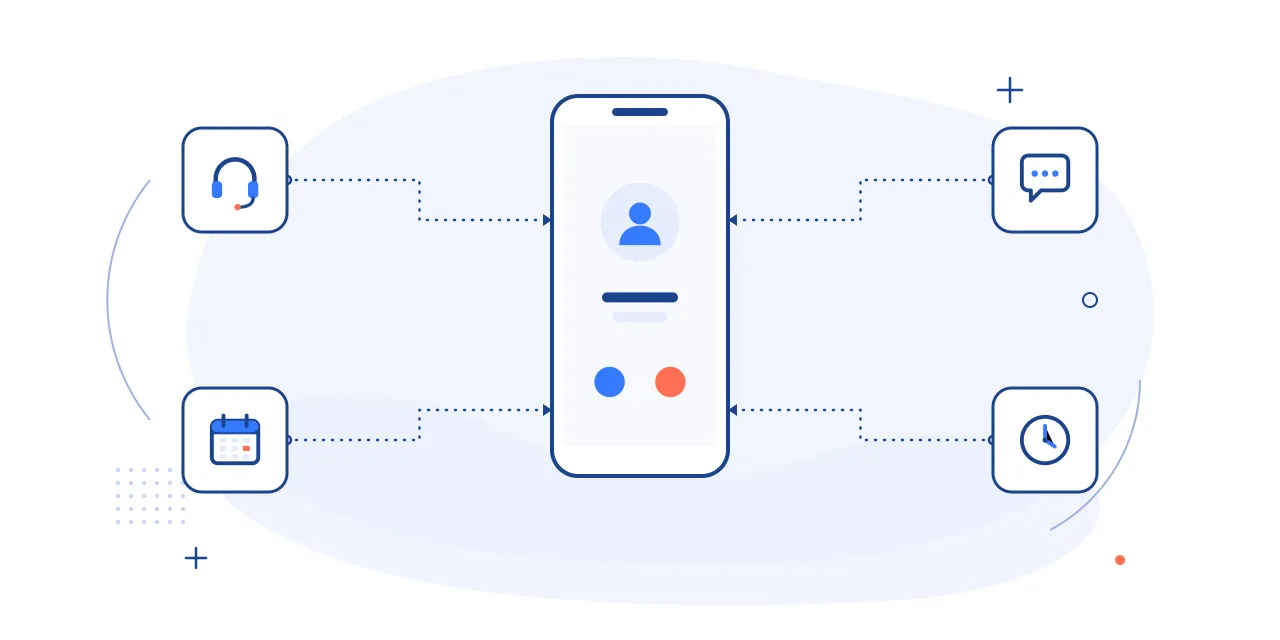 Illustration of a remote receptionist setup: a phone call screen with headset, calendar, chat and clock icons