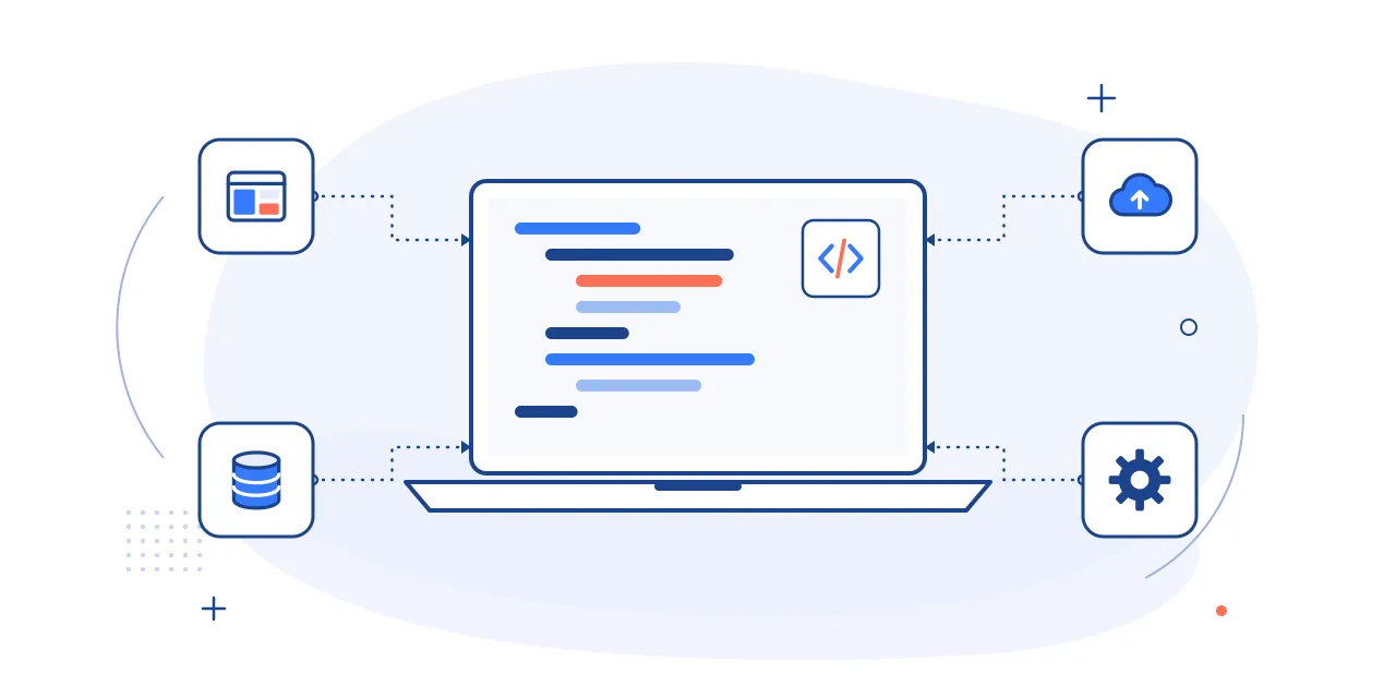 Illustration of software development: a code editor on a laptop with layout, database, cloud and settings icons