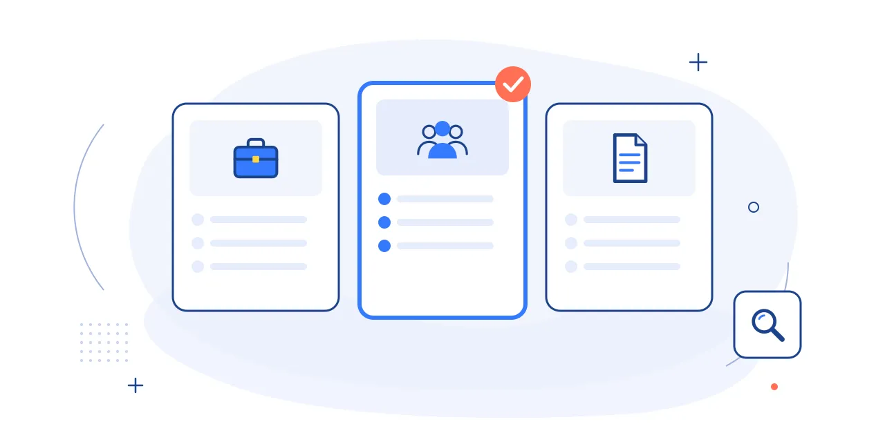 Illustration of weighing alternatives: three option cards with one shortlisted, plus a search icon